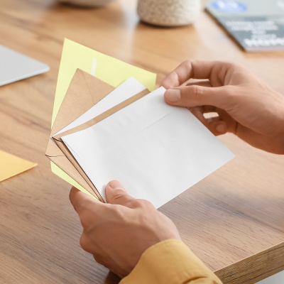 Young man reading letters at home, closeup